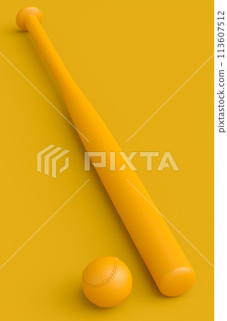 Wooden professional softball or baseball bat and ball on monochrome background 113607512