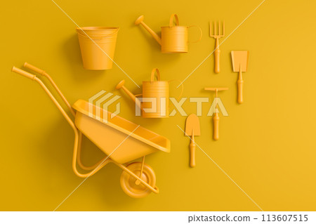 Garden wheelbarrow with garden tools like shovel, rake and fork on monochrome 113607515