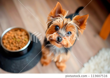 A small dog Yorkshire Terrier with bowl of dry food on the floor. A small dog 113607516