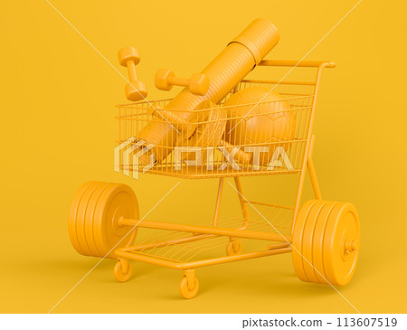 Sport equipment for fitness, gym in shopping cart on monochrome 113607519