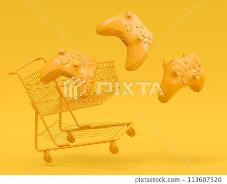 Set of gamer joysticks or gamepads in shopping carts on monochrome background 113607520