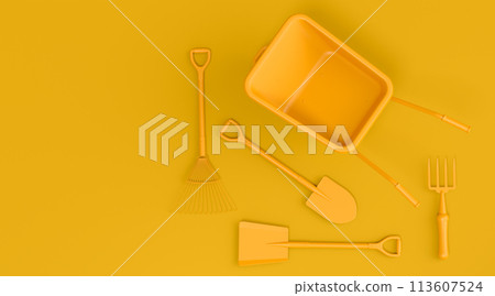 Garden wheelbarrow with garden tools like shovel, rake and fork on monochrome 113607524
