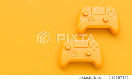 Video game joysticks or gamepads in plain monochrome yellow color background 113607531