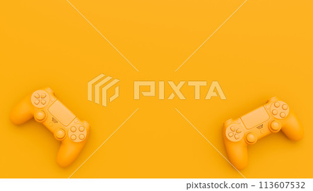 Video game joysticks or gamepads in plain monochrome yellow color background 113607532