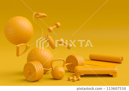 Isometric view of sport equipment like kettlebell, fitness ball and yoga mat Isometric view of sport equipment like kettlebell, fitness ball and yoga mat 113607538
