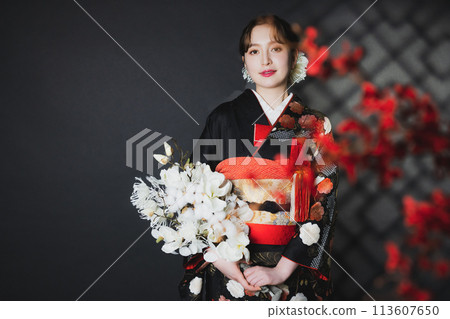 Black long-sleeved kimono, black long-sleeved kimono, bridal costume 113607650