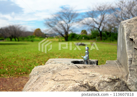 陽光明媚的廢棄綠色公園裡的飲水龍頭 陽光明媚的廢棄綠色公園裡的飲水龍頭 113607818