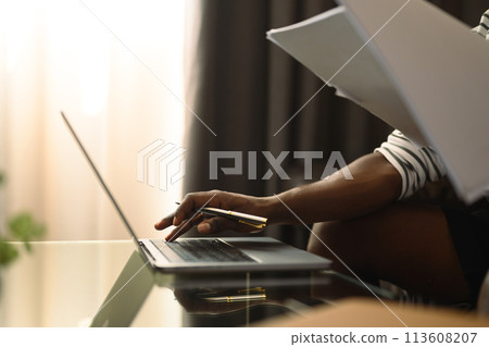 Cropped shot African millennial man freelancer sitting on couch and working with laptop 113608207