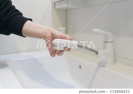 Single lever washbasin with retractable hose 113608431