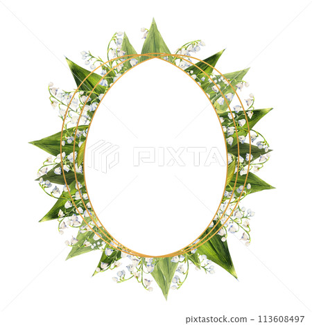 Wreath of spring flowers of lilies of the valley. Hand-drawn watercolor oval frame. Watercolor illustration 113608497