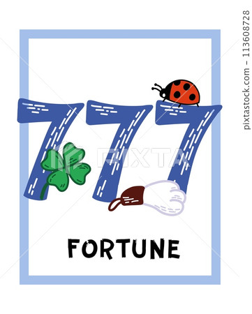 Good Luck Postcard Template with number seven, ladybug, rabbit foot and four leaf clover. Fortune with symbols of success and prosperity. Talismans and amulets for luck doodle illustration 113608728