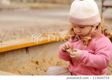 Cute toddler girl playing in sand on outdoor 113608759