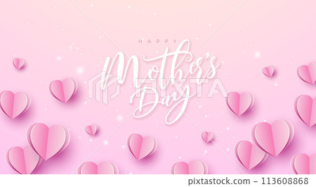 Happy Mother's Day Banner or Postcard with Paper Hearts and Typography Letter on Pink Background. Vector Mom Celebration Design with Symbol of Love for Greeting Card, Flyer, Invitation, Brochure Happy Mother's Day Banner or Postcard with Paper Hearts and Typography Letter on Pink Background. Vector Mom Celebration Design with Symbol of Love for Greeting Card, Flyer, Invitation, Brochure 113608868