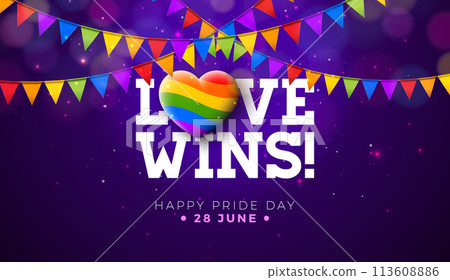Love Wins. Happy Pride Day LGBTQ Illustration with Rainbow Heart and Colorful Party Flag on Purple Background. 28 June Love is Love Human Rights or Diversity Concept. Vector LGBT Event Banner Design 113608886