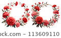 Set of watercolor illustrations of a round wreath of red carnations 113609110