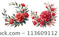 Set of watercolor illustrations of a round wreath of red carnations 113609112