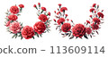 Set of watercolor illustrations of a round wreath of red carnations 113609114