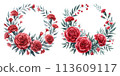 Set of watercolor illustrations of a round wreath of red carnations 113609117