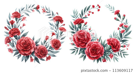 Set of watercolor illustrations of a round wreath of red carnations 113609117