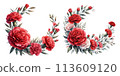 Set of watercolor illustrations of a round wreath of red carnations 113609120