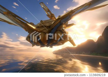 Helicopter flying in the sunset sky 113609219