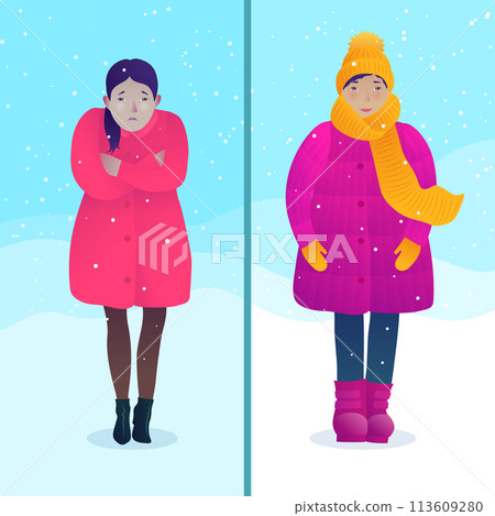 Avoiding hypothermia and frostbite concept with dressed differently women. Freezing young girl coldly dressed in red coat. Warmly dressed woman in winter coat, hat and scarf vector illustration. 113609280