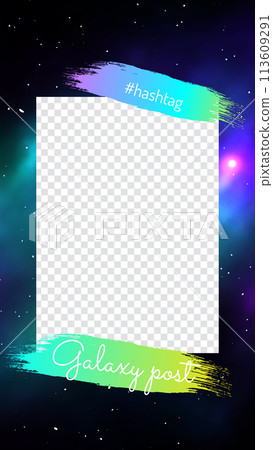 Galaxy blog post mobile design with frame for text. Colorful deep space background with stars and nebulas. Galaxy discovery and exploration vector illustration. UI UX design for mobile application. Galaxy blog post mobile design with frame for text. Colorful deep space background with stars and nebulas. Galaxy discovery and exploration vector illustration. UI UX design for mobile application. 113609291