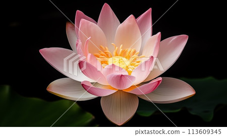 Lotus flower with soft pink and white petals blooms gracefully, with a luminous yellow center, set against a dark background with a green leaf 113609345