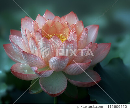Pink lotus flower with delicate water droplets stands out with its vibrant petals against the dark green lily pads in the background 113609350