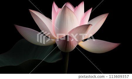 Lotus flower with delicate pink and white petals emerges against a dark background, illuminated softly to highlight its graceful beauty Lotus flower with delicate pink and white petals emerges against a dark background, illuminated softly to highlight its graceful beauty 113609357