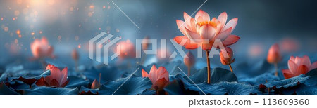 Dreamlike scene of a lotus pond at dusk, with glowing flowers and sparkling light on a serene blue surface creating a magical atmosphere 113609360