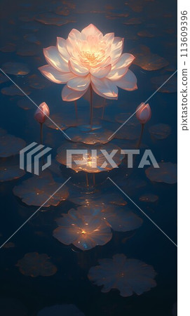 Lotus in shades of pink and white glows softly, illuminated by an unseen light, with a serene dark blue background 113609396