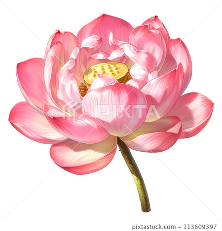 Pink lotus flower with a golden center, showing depth and texture 113609397