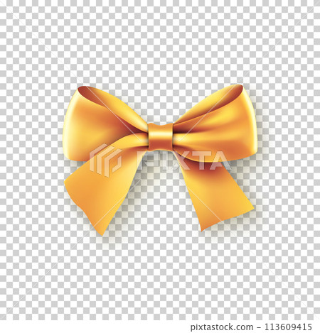 Fashionable gold bow with ribbon. Silk accessory for clothes. Design element with shadow isolated on transparent background. Realistic decoration for holiday. Elegant vector object from silk 113609415