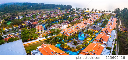 Aerial view of luxry hotel in Khao Lak beach in Phang Nga, Thailand Aerial view of luxry hotel in Khao Lak beach in Phang Nga, Thailand 113609416