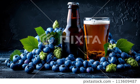 Bottle of blueberry beer on dark wooden surface, fresh blueberries and sprigs of hops. AI Generated 113609487