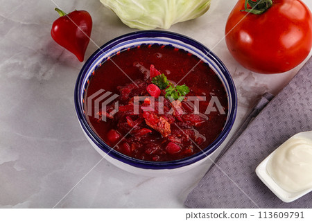 Borsch soup with cabbage and beetroot 113609791