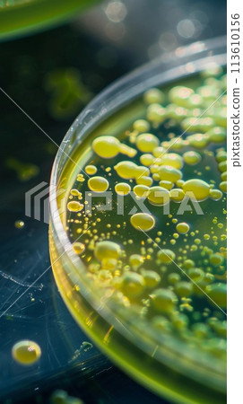 Petri Dish with a growing green Bacterial culture. Microbiology and Biotechnology. AI Generated 113610156