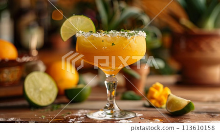 Mango Margarita Cocktail With Salted Rim And Lime Garnish. Bar Menus, Mexican Party, AI Generated 113610158