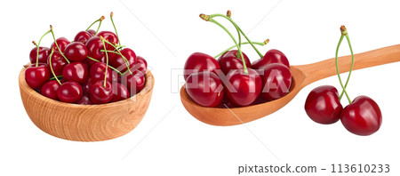 red sweet cherry in wooden bowl and spoon isolated on white background with full depth of field red sweet cherry in wooden bowl and spoon isolated on white background with full depth of field 113610233