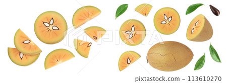 Sapodilla slices isolated on white background with full depth of field. Top view. Flat lay Sapodilla slices isolated on white background with full depth of field. Top view. Flat lay 113610270