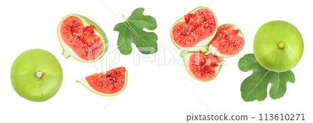 Ripe green fig fruit isolated on white background with full depth of field. Top view. Flat lay. 113610271