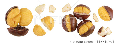 roasted peeled chestnut isolated on white background wit full depth of field. Top view. Flat lay roasted peeled chestnut isolated on white background wit full depth of field. Top view. Flat lay 113610291