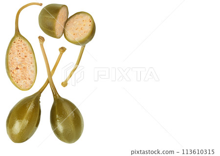 Capers isolated on white background. Pickled or canned capers. Top view with copy space for your text. Flat lay 113610315