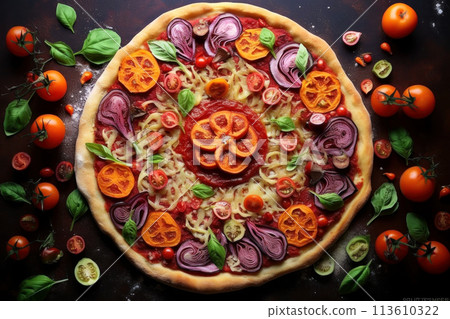 Close-up of an appetizing pizza on a wooden stand Close-up of an appetizing pizza on a wooden stand 113610322