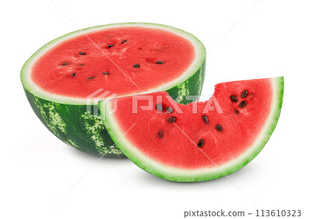 half of watermelon with slice isolated on white background with full depth of field half of watermelon with slice isolated on white background with full depth of field 113610323