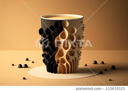 Graphic illustration of a disposable paper cup with a black lid. 113610325