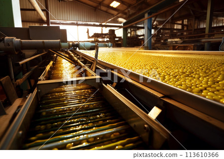 Green large delicious olives are moved in conveys. Generated by AI. Green large delicious olives are moved in conveys. Generated by AI. 113610366