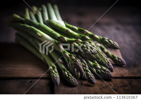 Bunch of fresh green asparagus lies on an old wooden table 113610367