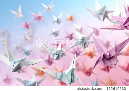 Beautiful futuristic background with paper cranes. Origami paper products. Generated by AI. 113610380